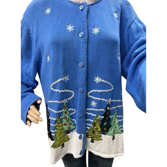 Crystal Kobe powder blue Cardigan Embellished Sequin Christmas Tree Sweater 3XL - Picture 3 of 11